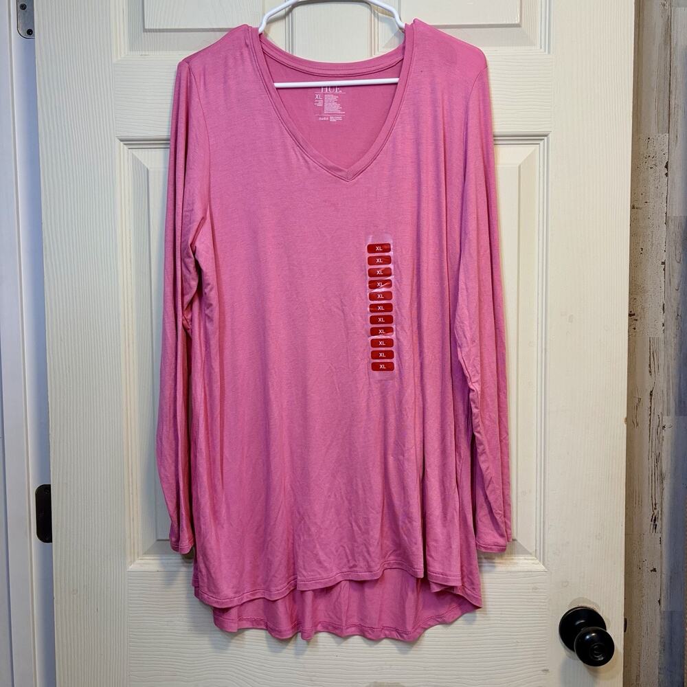 HUE‎ Women's Pink Long Sleeve V-Neck Legging Tee XL Stretch Rayon Blend NWT
